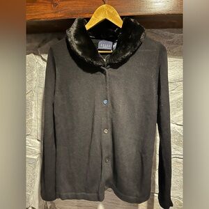Crazy Horse by Liz Claiborne Black Cardigan with Faux Fur Collar, large
